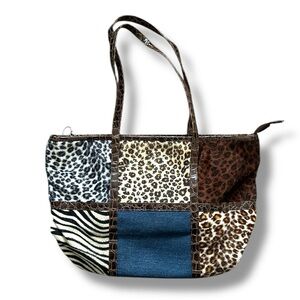 Y2K Sandol Patchwork Animal Print Handbag Faux Crocodile Trim Satchel Tote